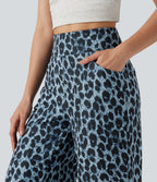 Pantalon large décontracté taille haute gaufré imprimé léopard avec poches