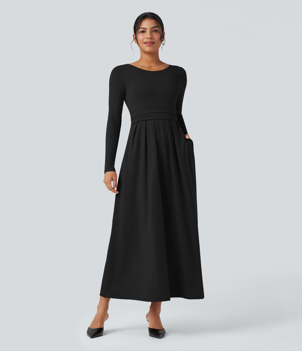 Robe longue décontractée évasée col rond plongeant manches longues avec poches