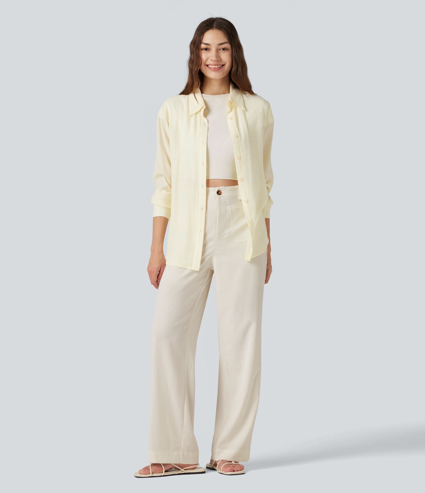 Pantalon décontracté coupe droite taille haute aspect lin avec poches