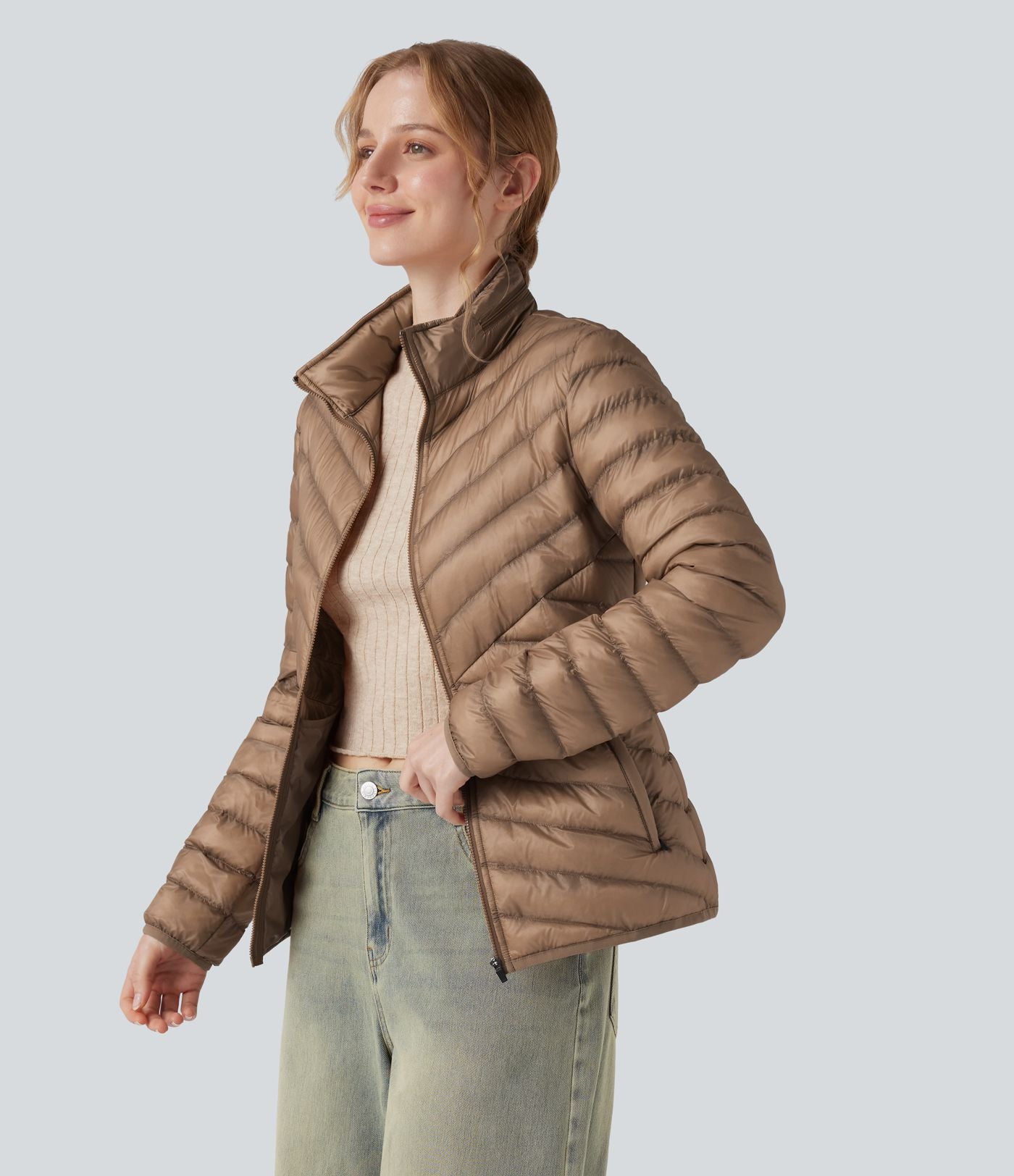 Veste casual compactable en duvet synthétique zippée à col montant et manches longues avec poches