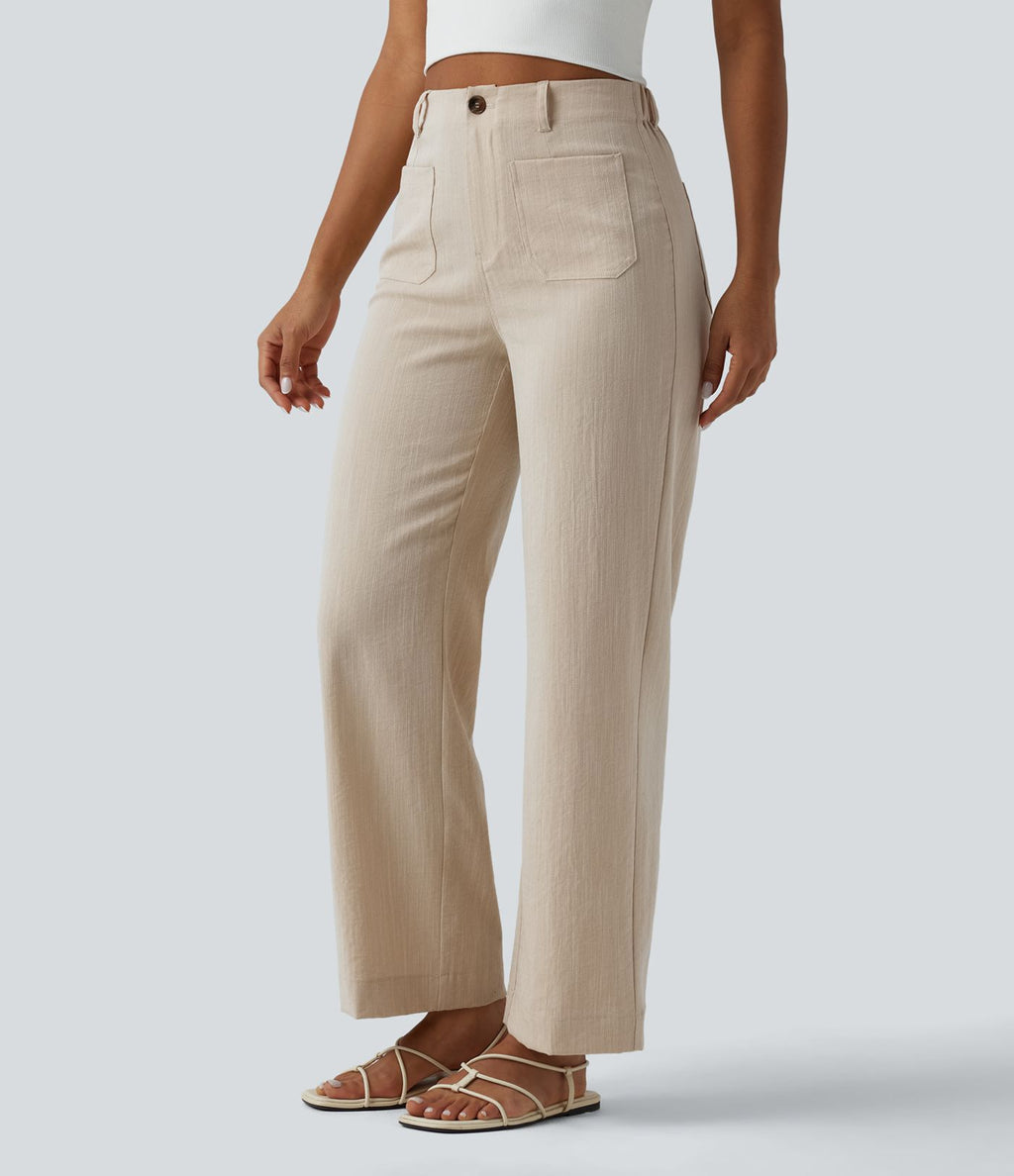 Pantalon taille haute coupe droite effet lin avec poches