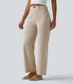 Pantalon taille haute coupe droite effet lin avec poches