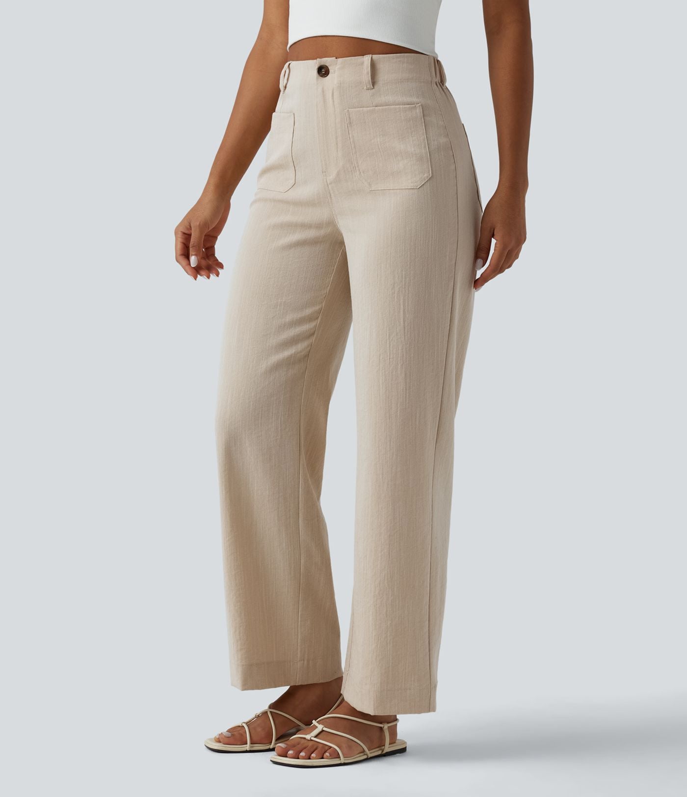 Pantalon taille haute coupe droite effet lin avec poches
