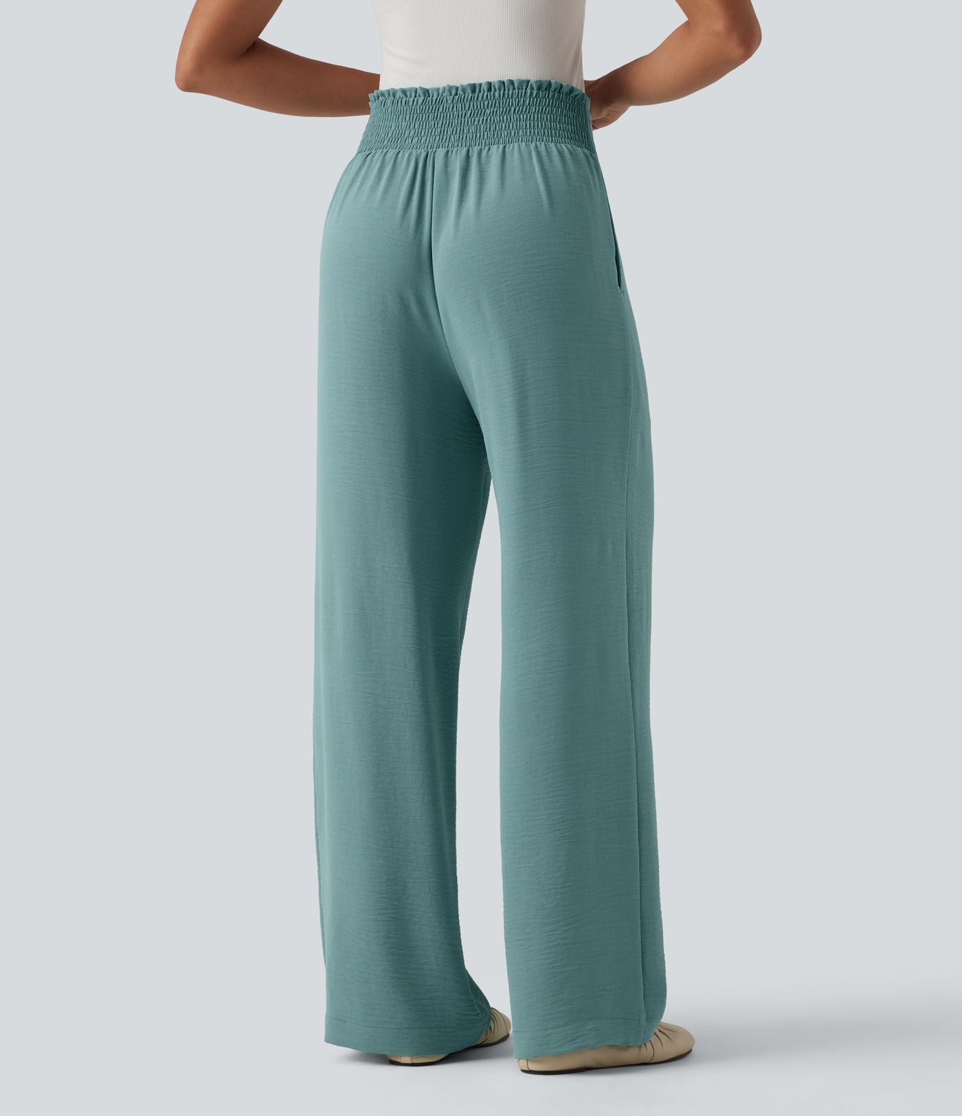 Pantalon droit décontracté aspect lin taille haute à nouer devant avec poches