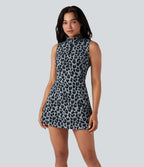 Robe de tennis active micro Halara UltraSculpt™ imprimé léopard col polo demi-fermeture éclair sans manches avec poches