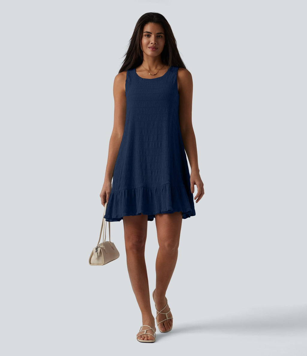 Robe courte décontractée sans manches à col rond, soutien-gorge intégré et ourlet à volants