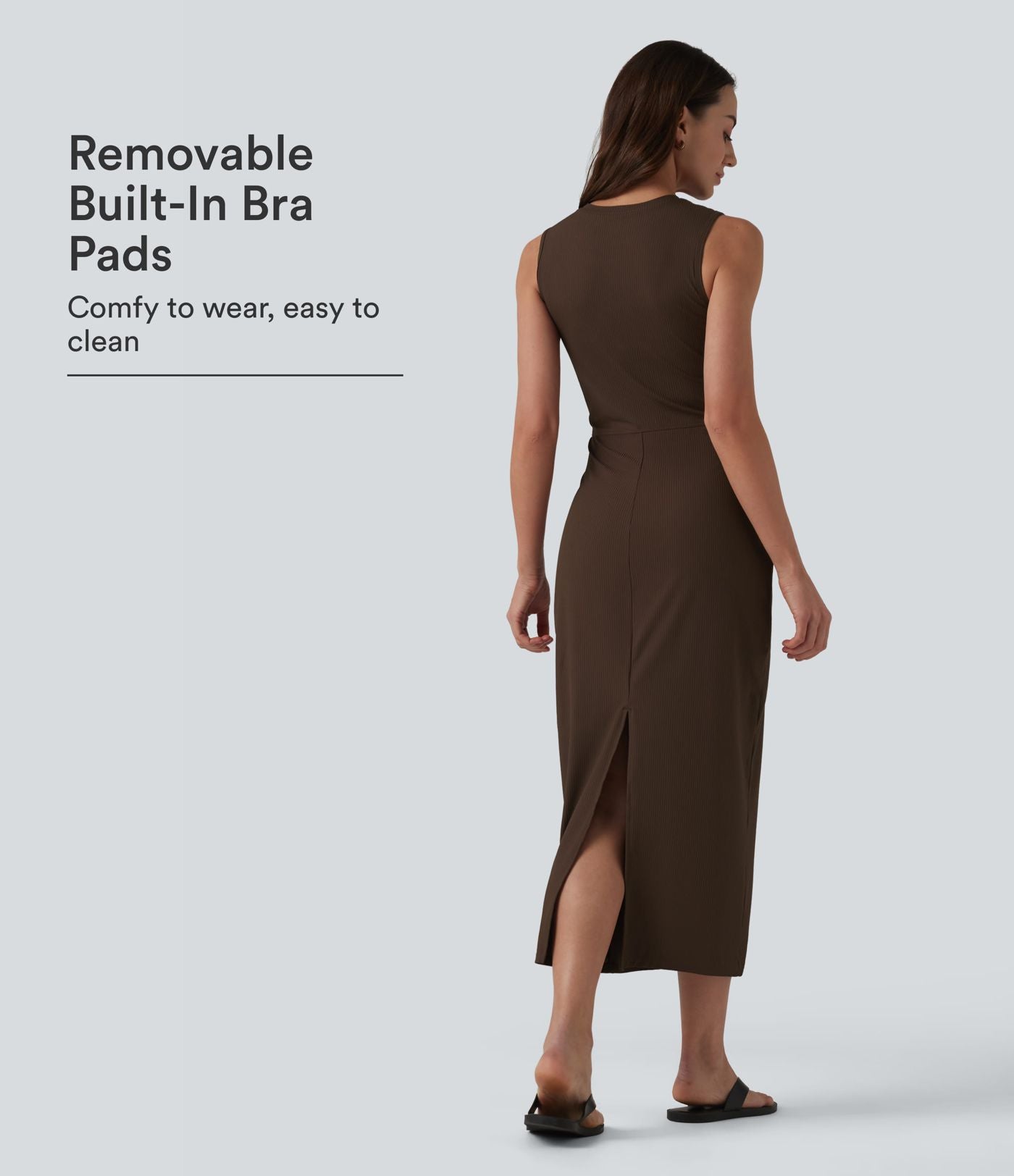 Robe midi moulante décontractée côtelée à col rond sans manches avec soutien-gorge intégré