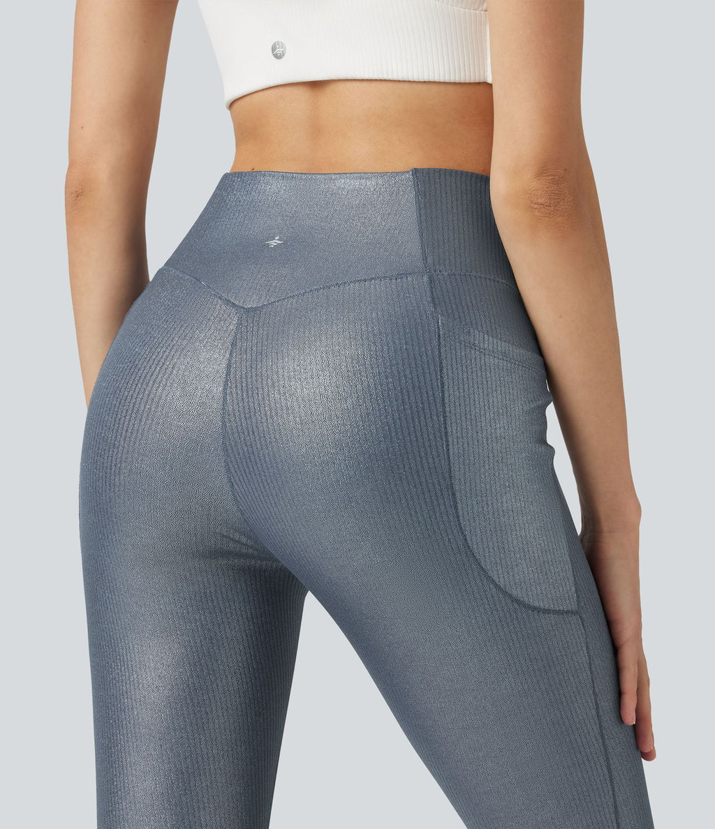 Legging de yoga en maille côtelée taille haute croisée avec imprimé métallisé et poches