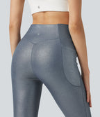 Legging de yoga en maille côtelée taille haute croisée avec imprimé métallisé et poches