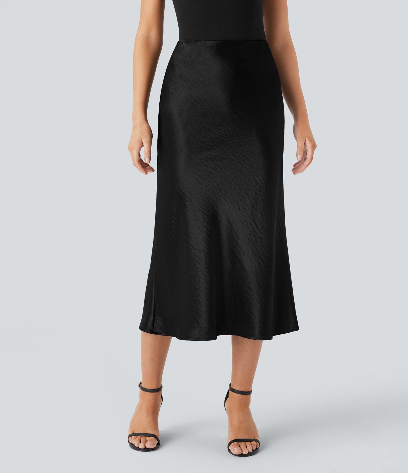 Jupe de midi sirène en satin taille haute avec fermeture éclair invisible