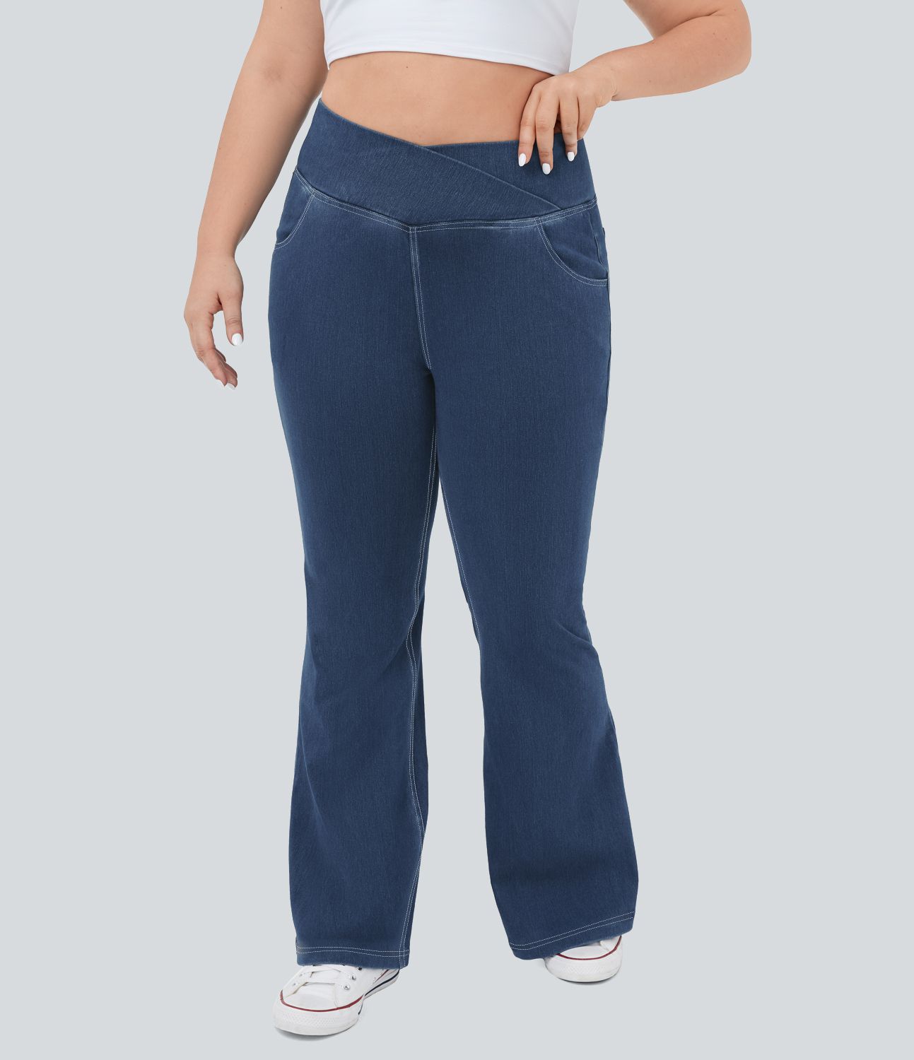 Jean super évasé Halara Flex™ grande taille en maille denim extensible délavée taille haute avec poches croisées effet frais InstantCool respirant