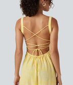 Robe midi fluide style vacances effet lin à motif tartan, encolure carrée, dos nu croisé et corset