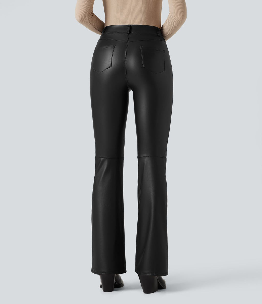 Pantalon évasé asymétrique polaire PU gainant extensible taille haute avec poches