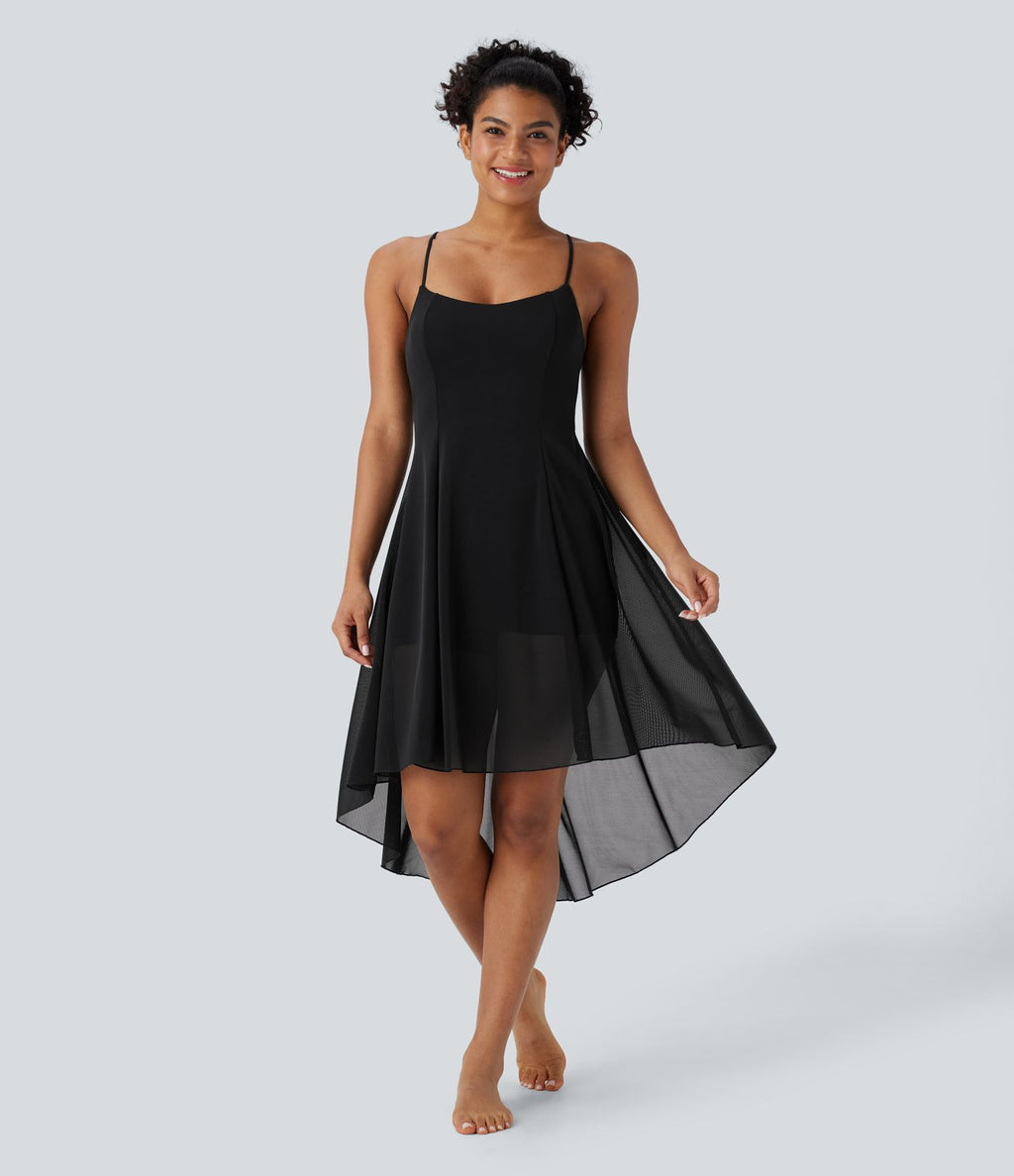 Robe active de danse midi fluide à dos nu avec lacets, 2-en-1, poche, ourlet asymétrique et maille contrastée