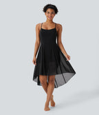 Robe active de danse midi fluide à dos nu avec lacets, 2-en-1, poche, ourlet asymétrique et maille contrastée