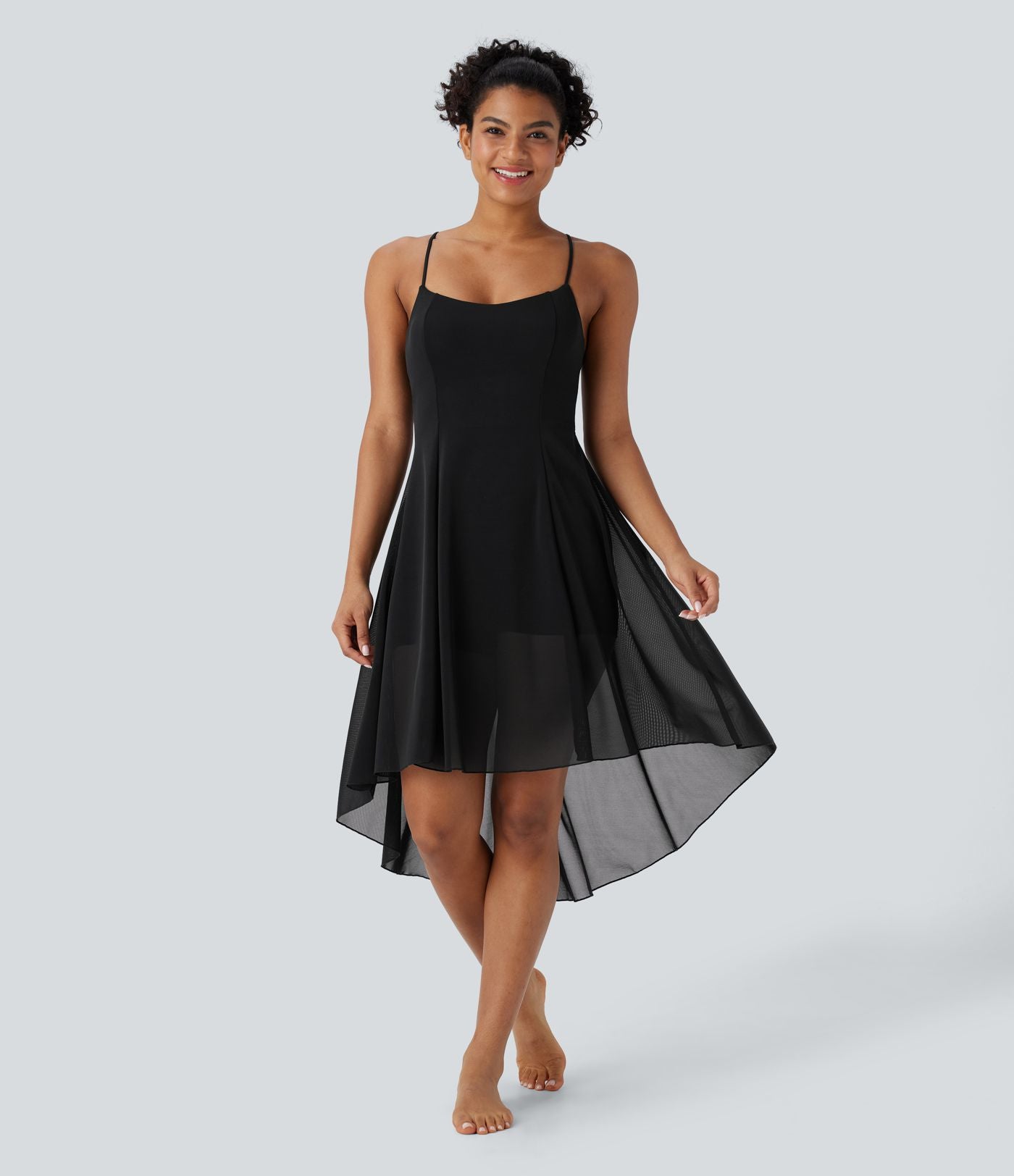 Robe active de danse midi fluide à dos nu avec lacets, 2-en-1, poche, ourlet asymétrique et maille contrastée