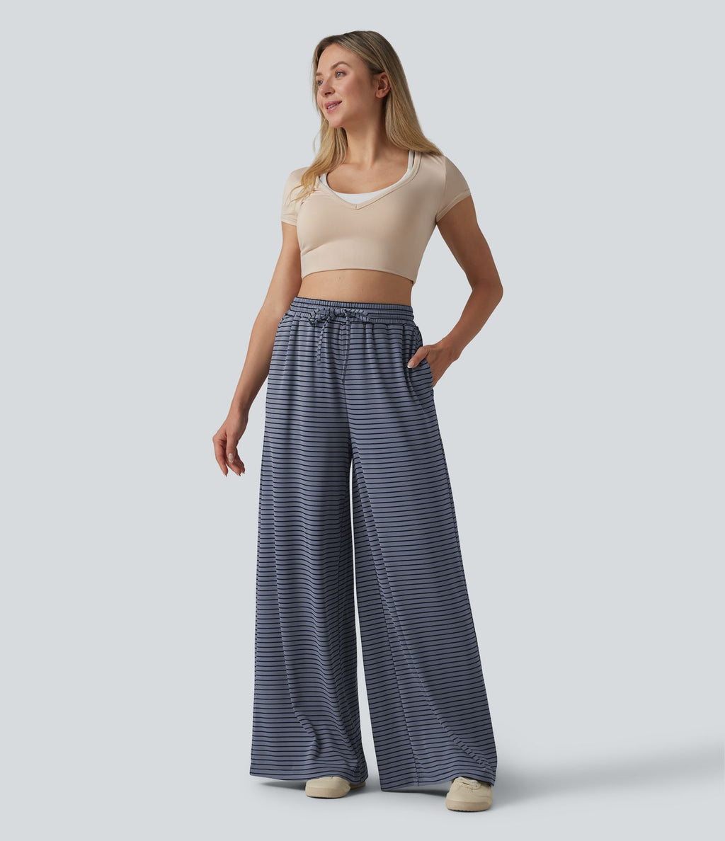 Pantalon large fluide décontracté taille haute rayé en maille côtelée avec cordon de serrage et poches