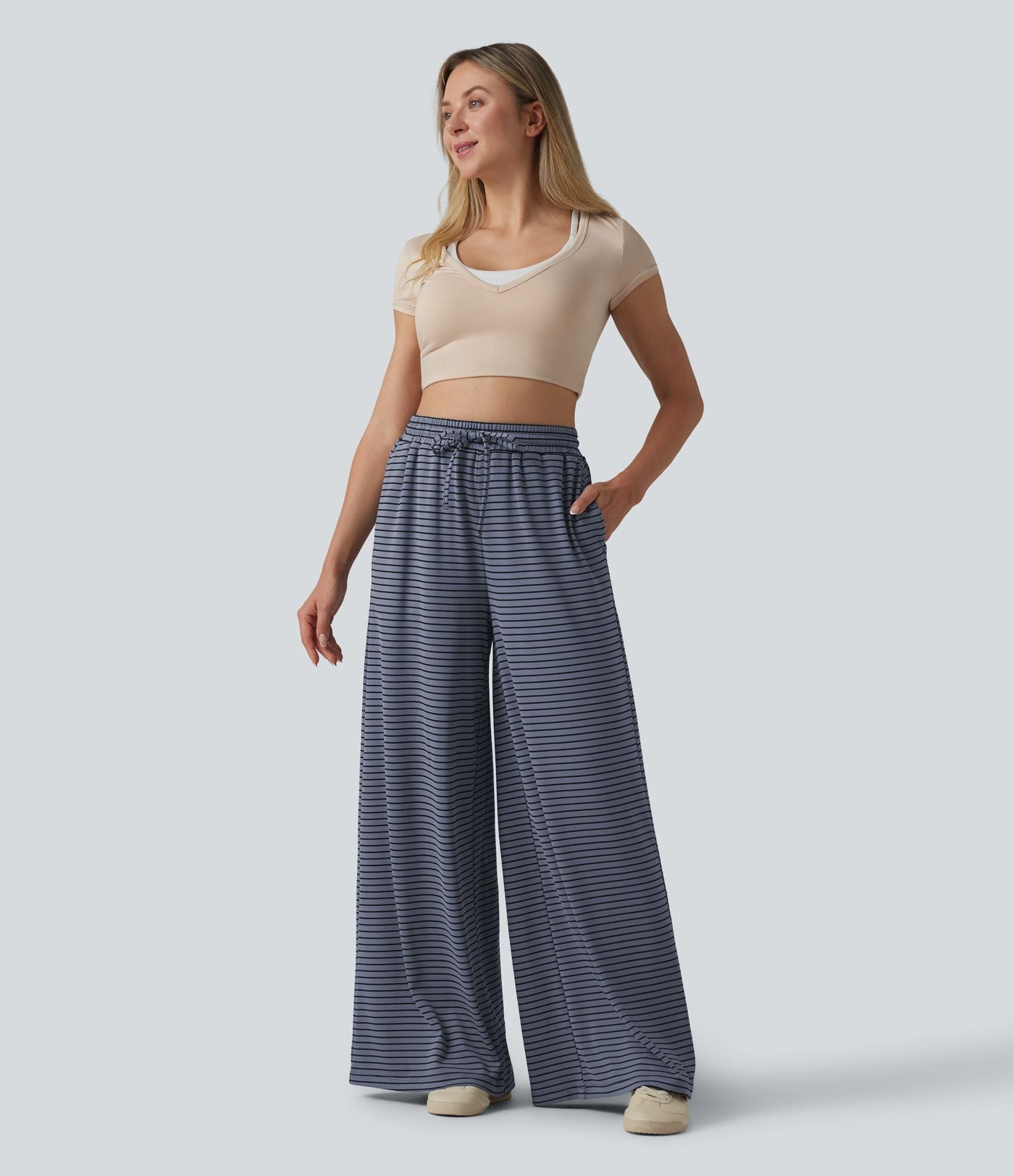 Pantalon large fluide décontracté taille haute rayé en maille côtelée avec cordon de serrage et poches