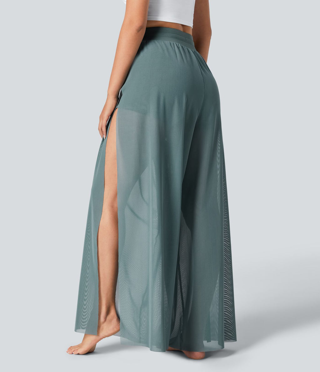 Pantalon Yoga 2 en 1 à Taille Haute avec Cordon de Serrage Maille Contrastée Fendu Poche Latérale et Jambes Amples et Fluides