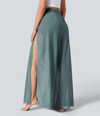 Pantalon Yoga 2 en 1 à Taille Haute avec Cordon de Serrage Maille Contrastée Fendu Poche Latérale et Jambes Amples et Fluides