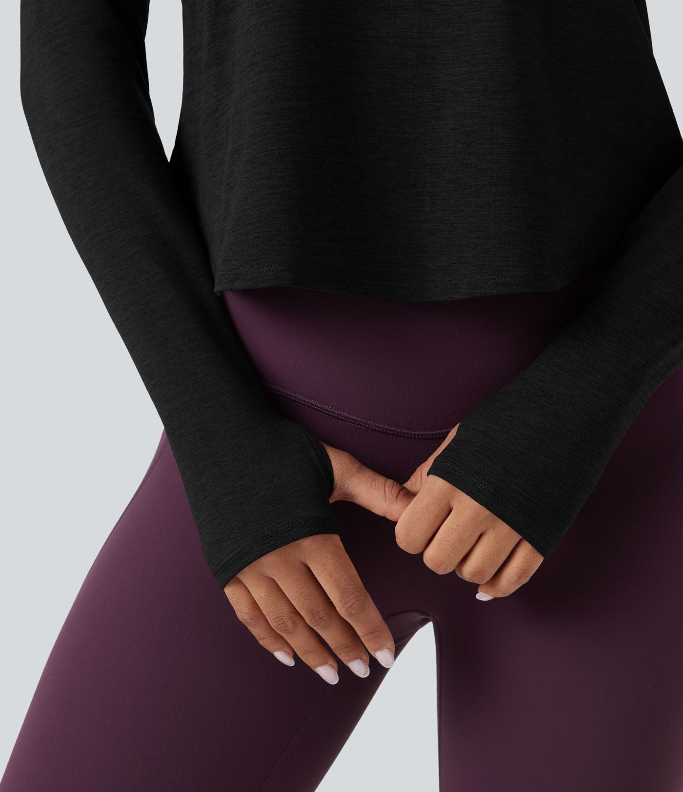 Top de sport yoga chiné col V manches longues avec trous pouces ourlet arrondi