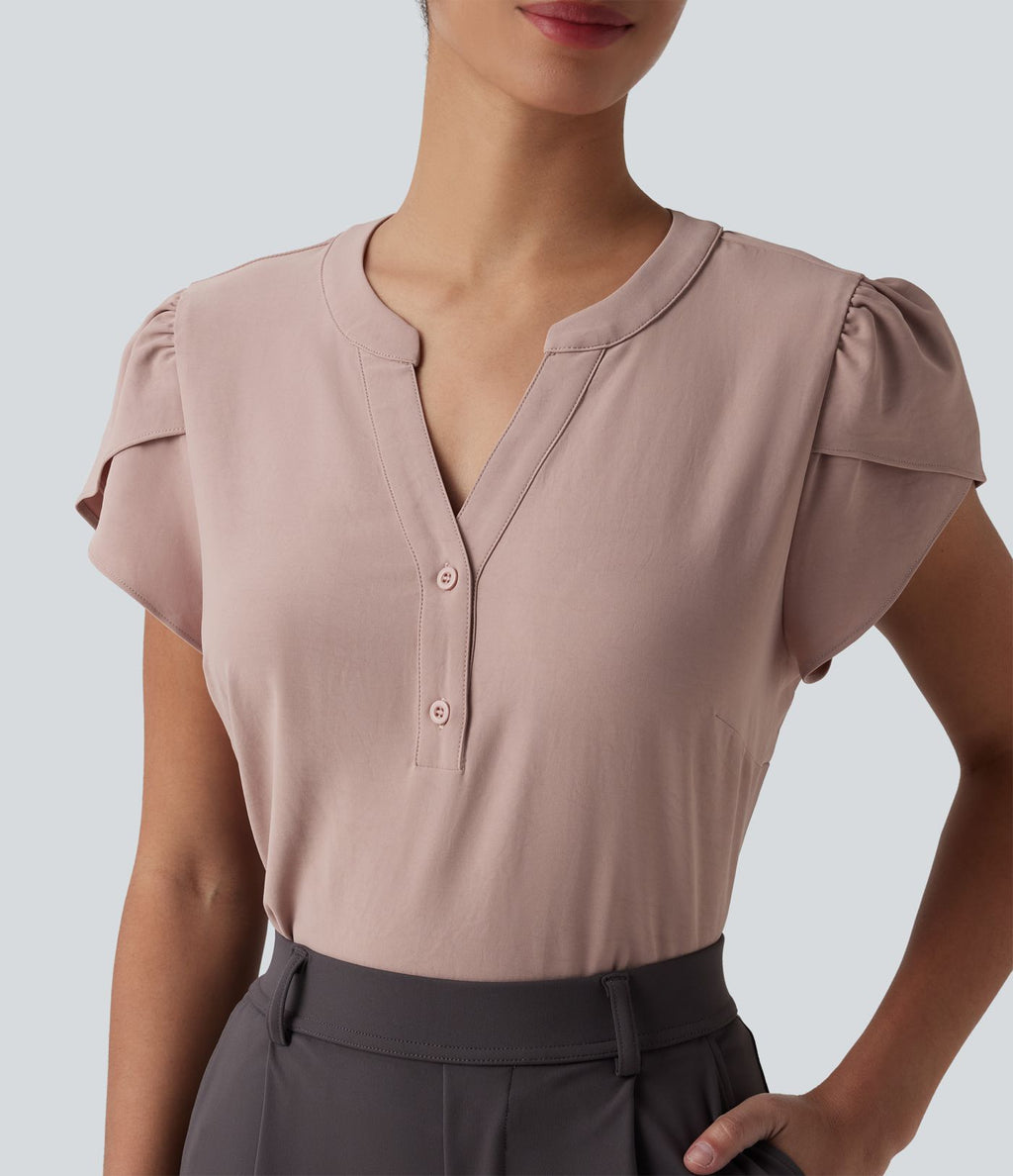 Blouse de travail col V manches pétales courtes