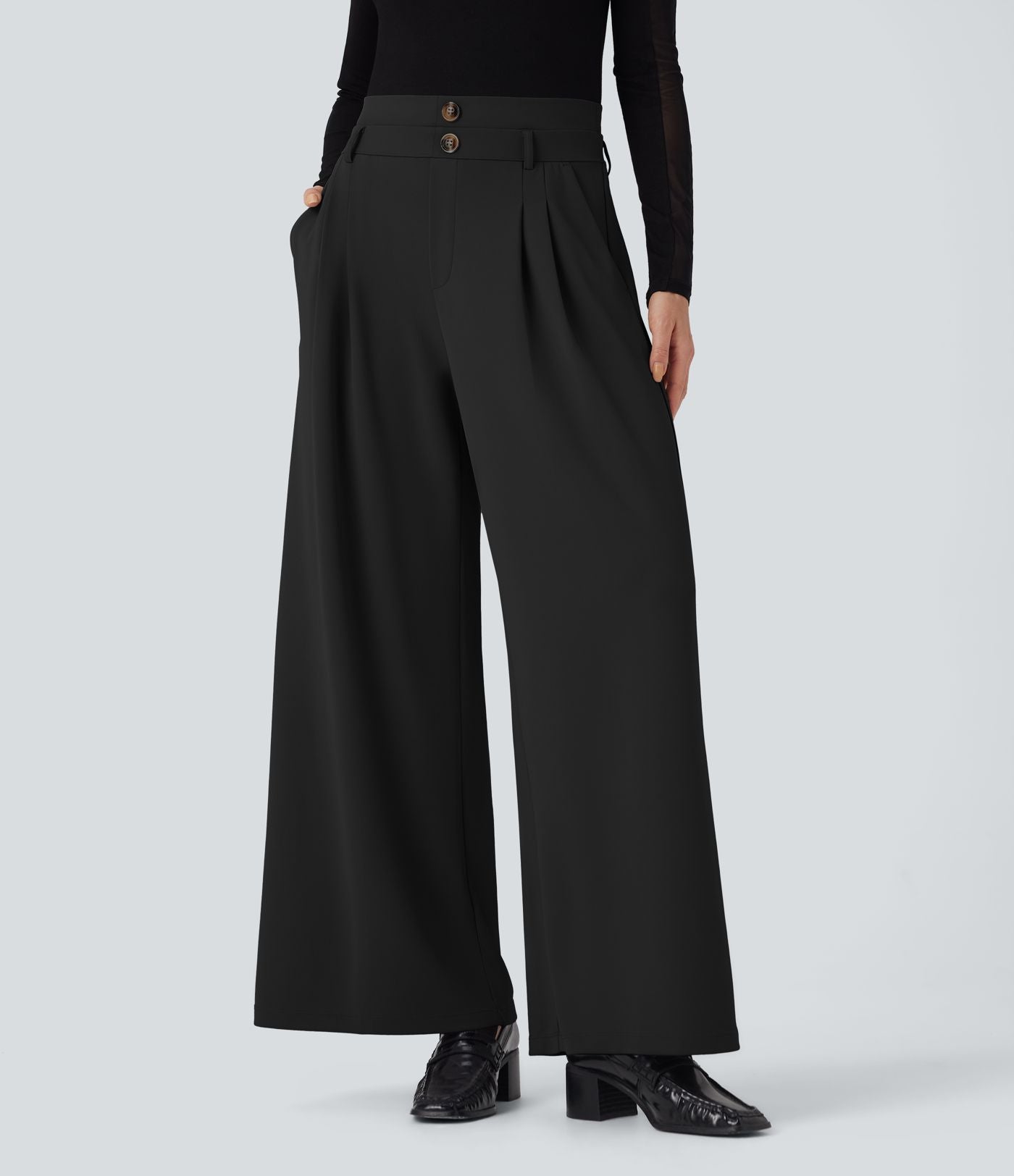 Pantalon de travail en crêpe à taille haute et jambes larges avec double ceinture et poches Halara Flex™
