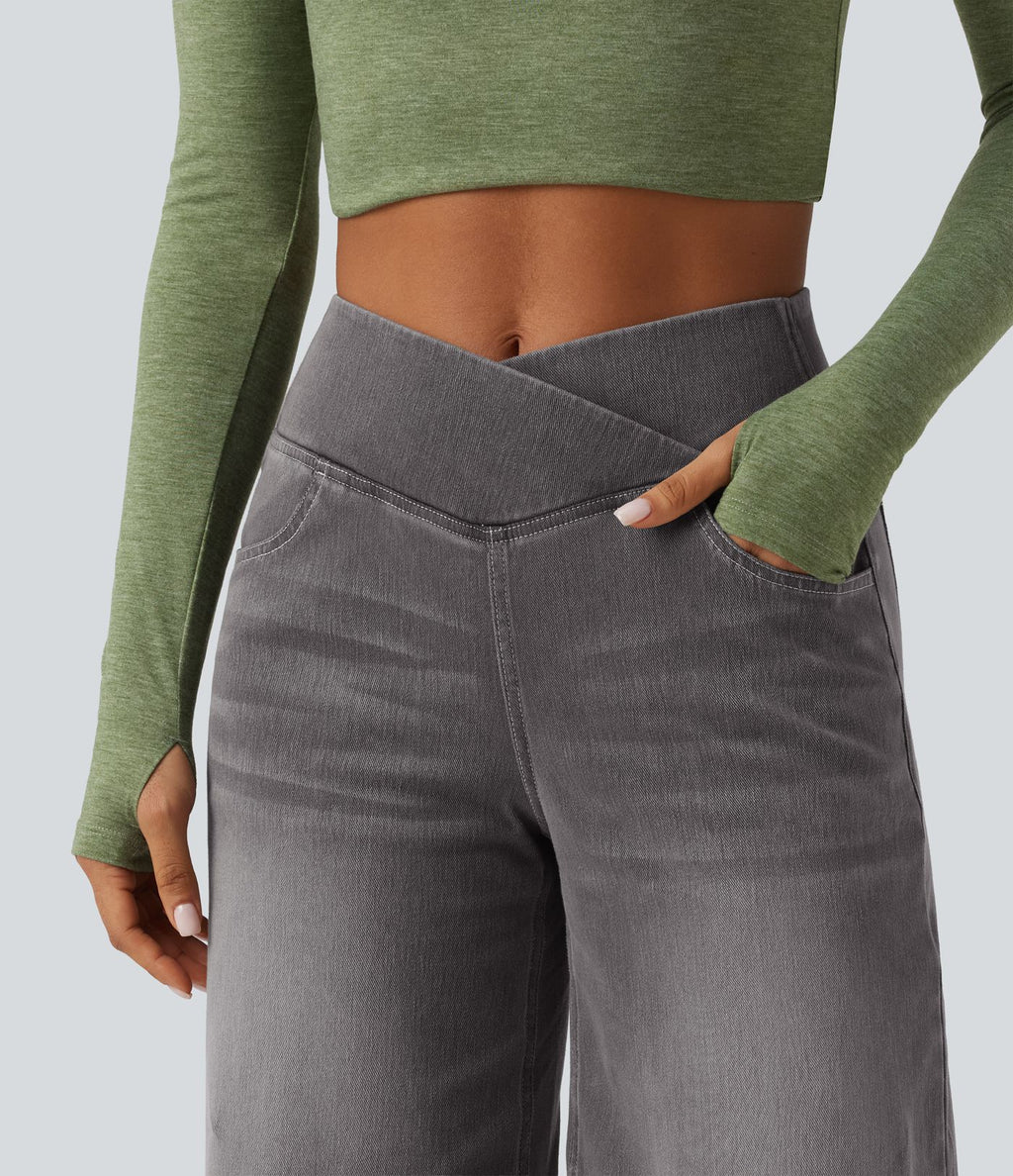 Short en jean ample Halara Flex™ taille haute croisé gainant décontracté avec poches