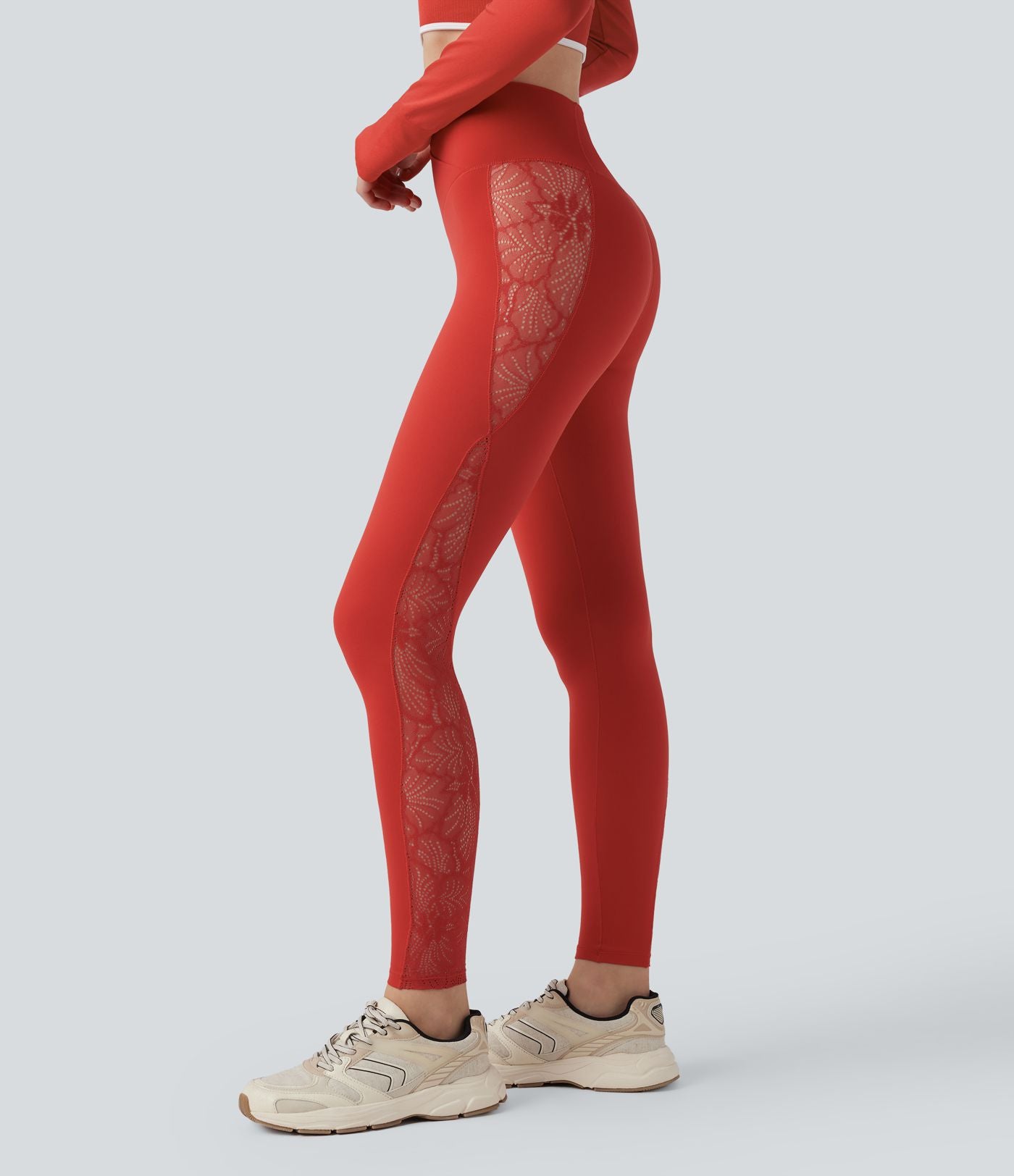 Softlyzero™ Legging Yoga 7/8 Taille Haute avec Poche au Dos Découpe Croisée et Dentelle Contrastante