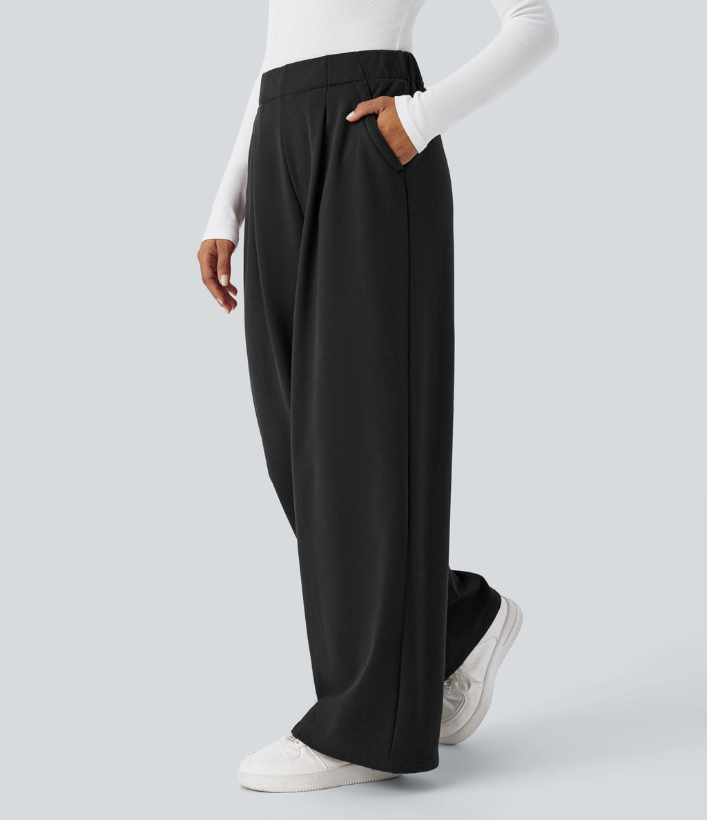 Pantalon Jogging Thermique Taille Haut Jambes Larges Poche Latérale Plissée en Fleece