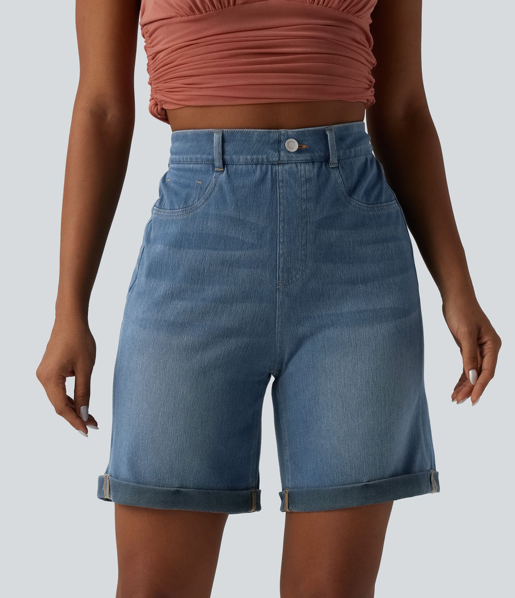 Halara Flex™ Short casual en jean skinny gainant taille haute à ourlet retroussé avec poches