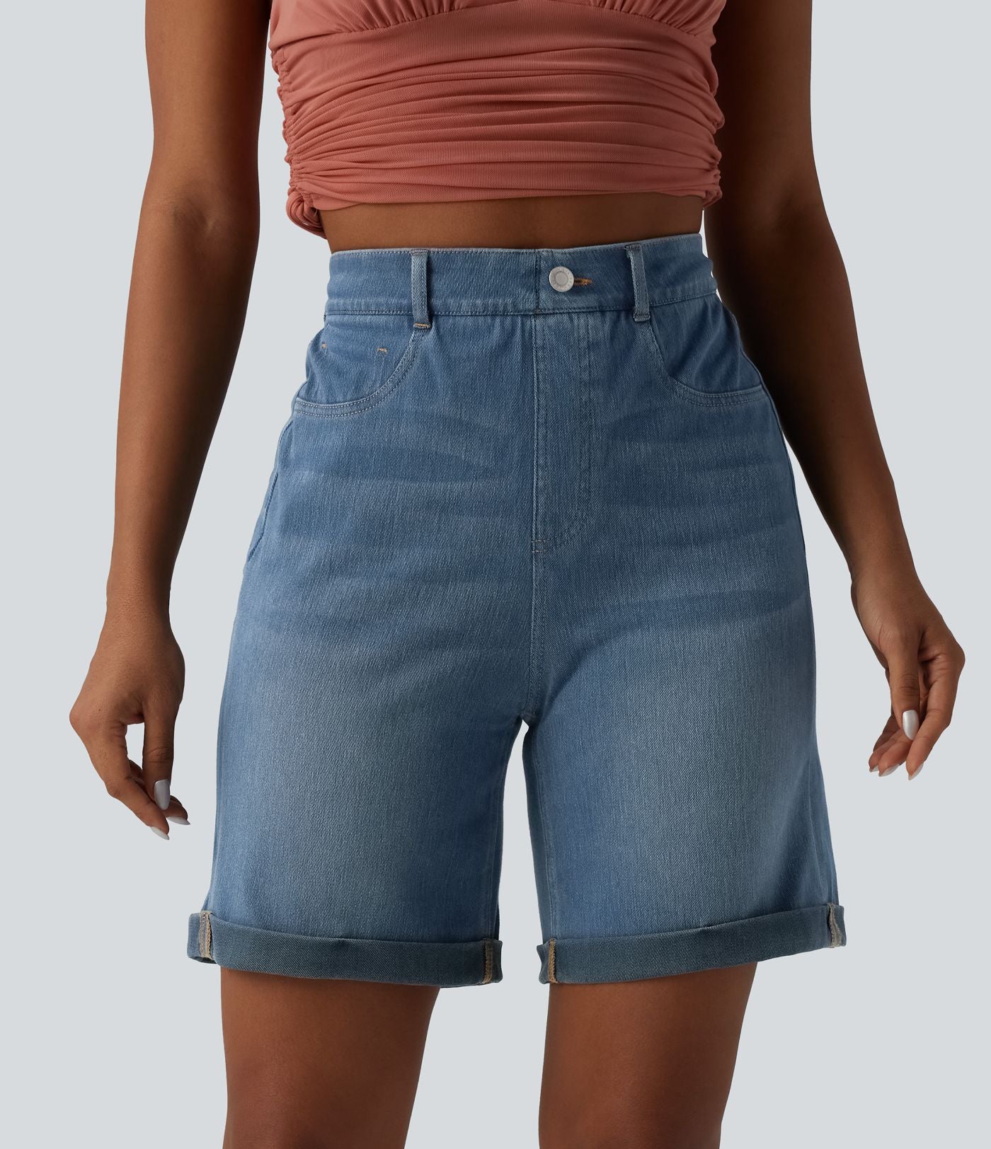 Halara Flex™ Short casual en jean skinny gainant taille haute à ourlet retroussé avec poches