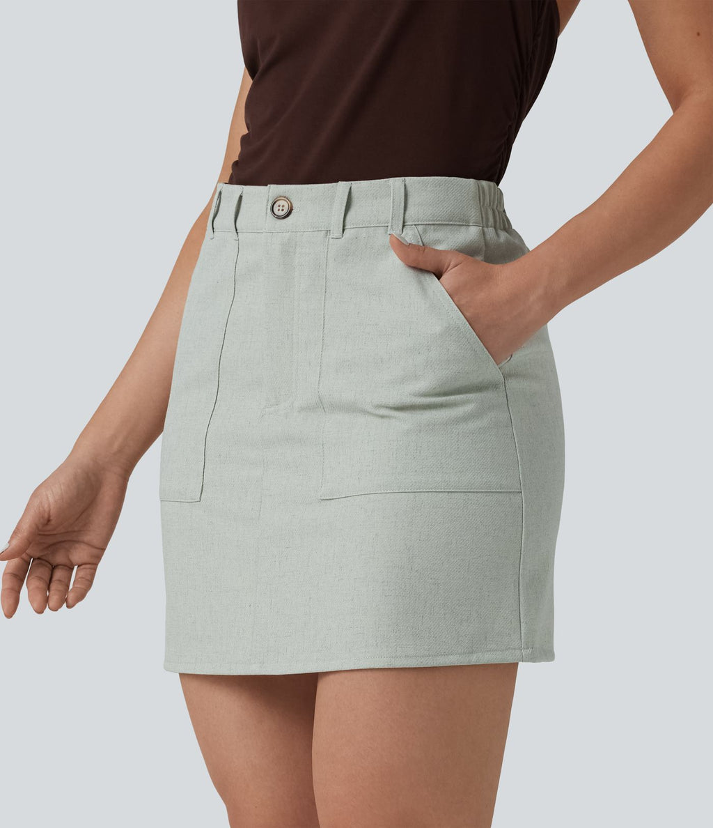 Jupe mini bureau taille haute en lin mélangé avec poches
