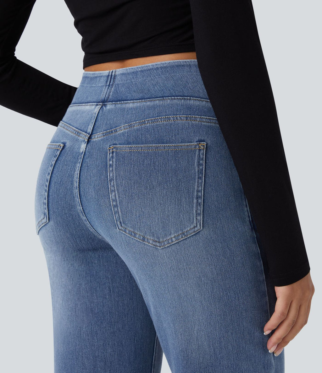 Jean décontracté Halara Flex™ taille haute, extensible, délavé, jambes droites avec poches multiples