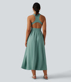Robe midi décontractée col rond dos nageur avec poches