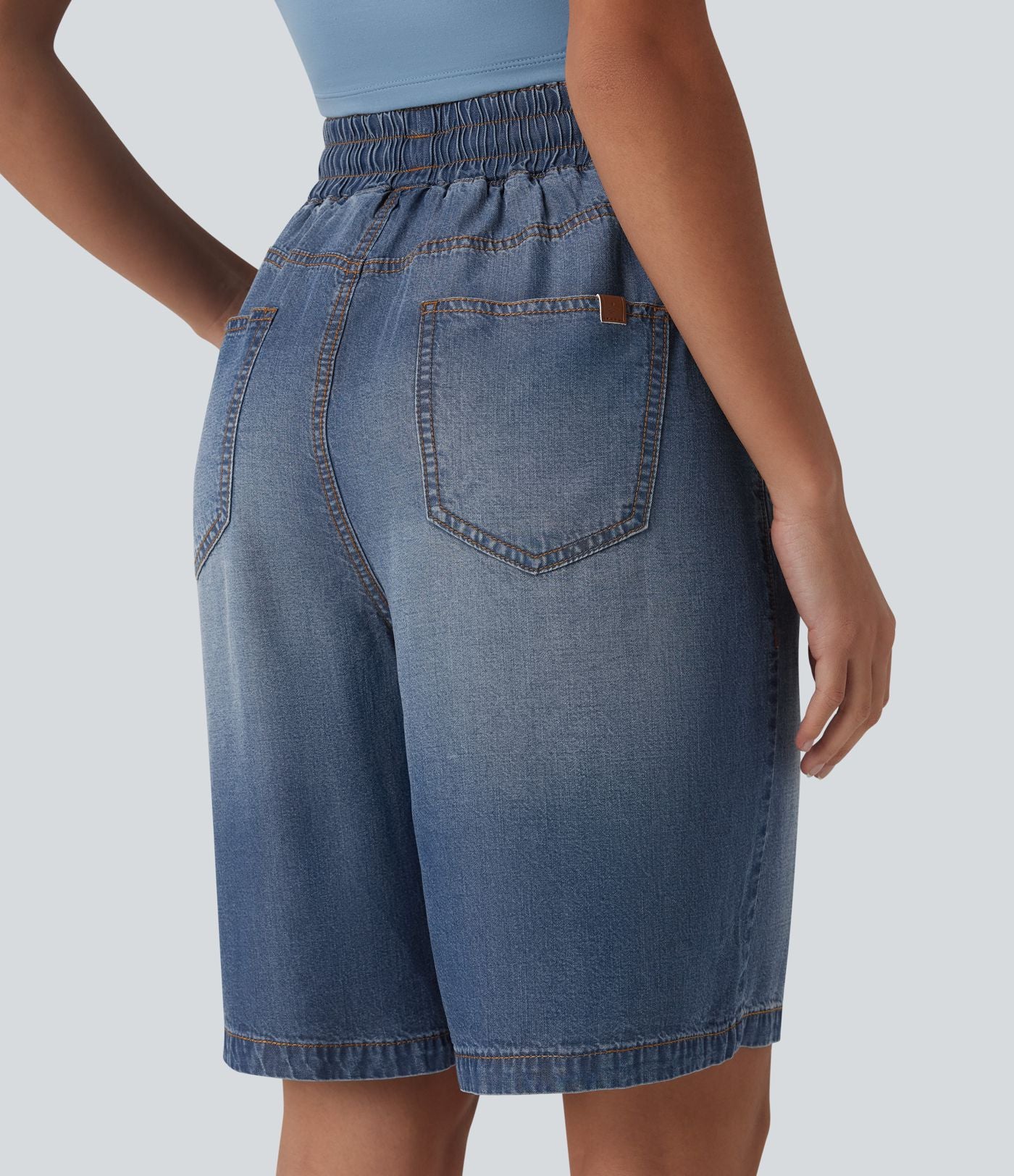 Short denim décontracté taille haute en lyocell 22,8 cm avec cordon de serrage et poches