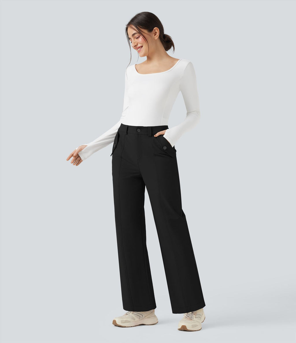 Pantalon de randonnée droit déperlant taille mi-haute avec poches