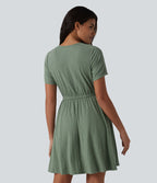 Robe mini évasée décontractée, maille côtelée en lin mélangé,  col V, manches courtes