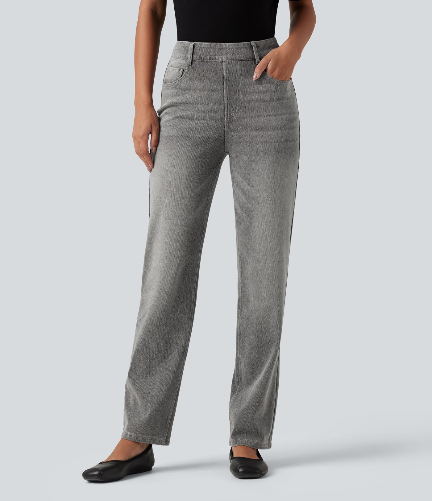 Jean droit Halara Flex™ à taille haute, poches multiples, effet délavé et tissu extensible