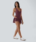 Robe Casual Mini Évasée 2-en-1 à Col V Profond Dos Nageur et Poches Latérales