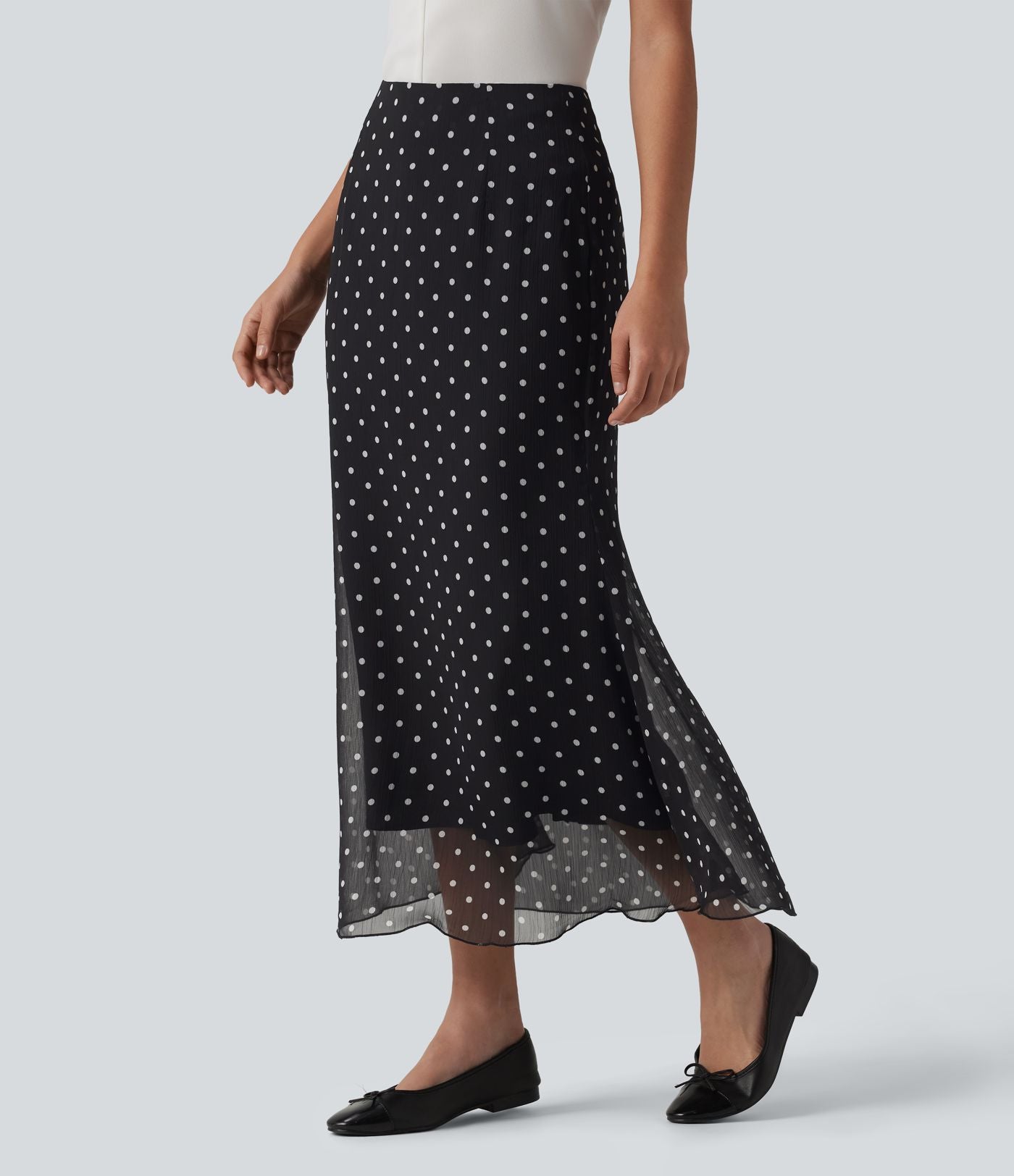 Jupe midi fluide sirène taille haute à pois