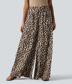 Pantalon large casual taille haute imprimé léopard, avec poches