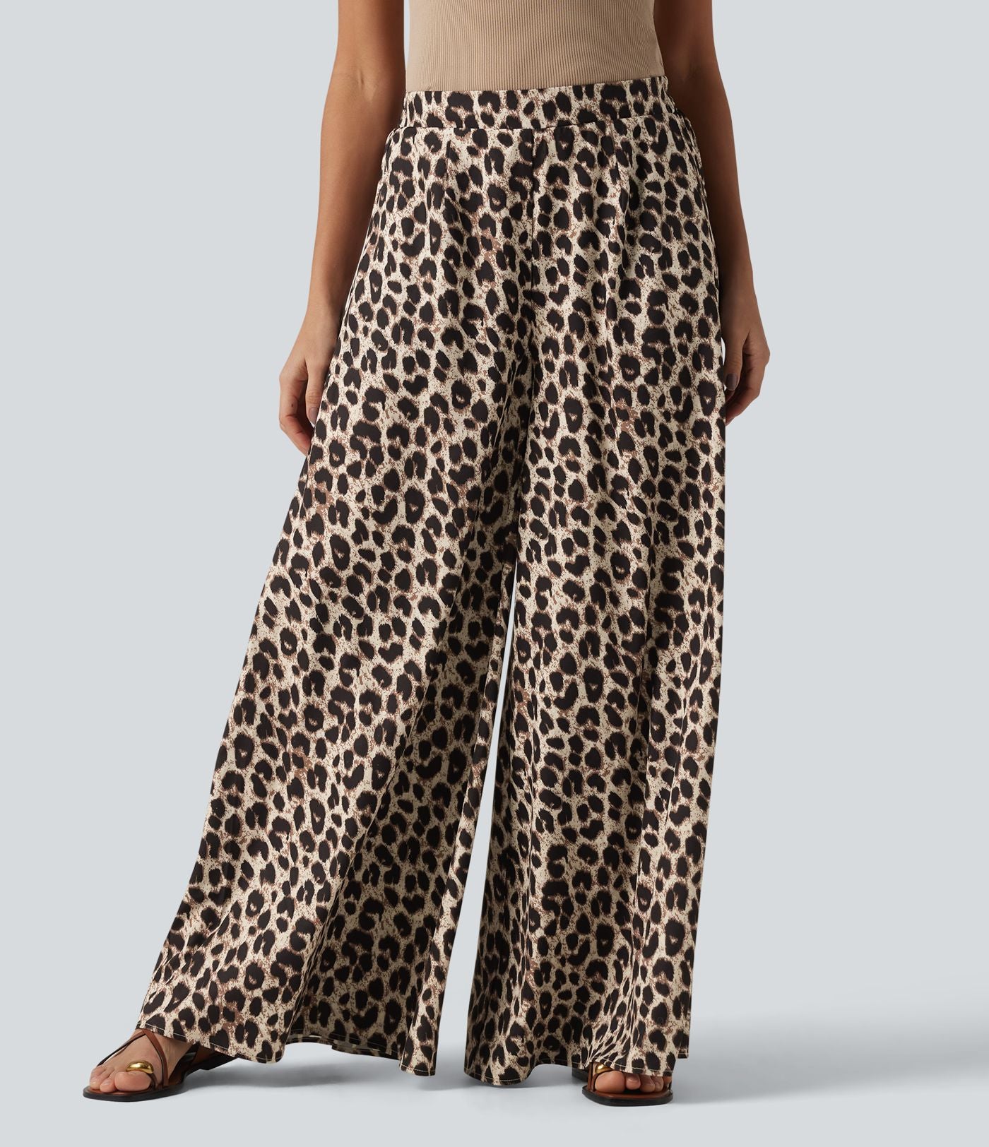 Pantalon large casual taille haute imprimé léopard, avec poches