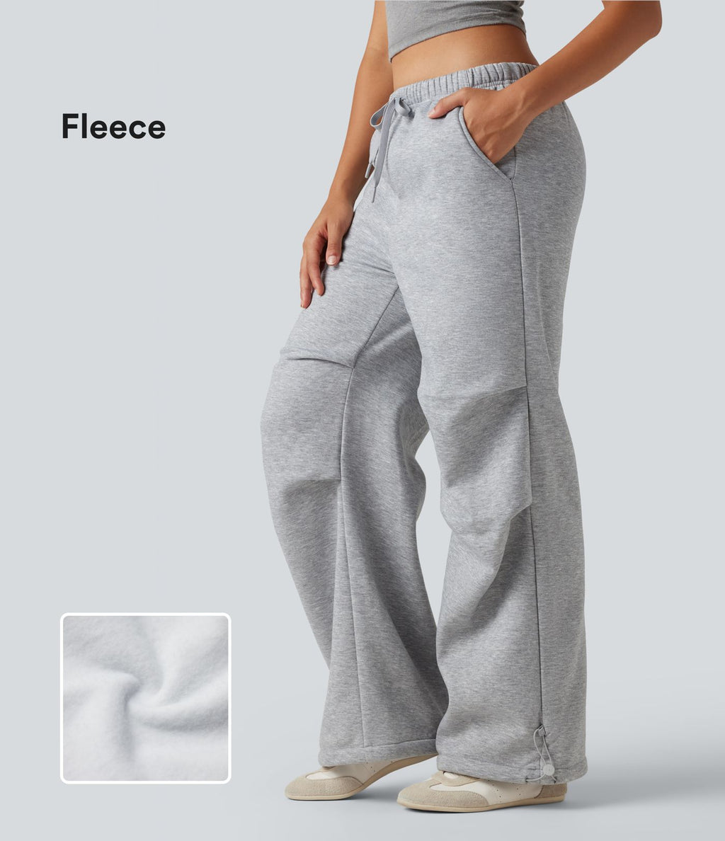 Pantalon large polaire taille haute avec cordon de serrage, fronces et poches
