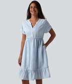 Robe décontractée mini col V manches courtes à rayures avec poches