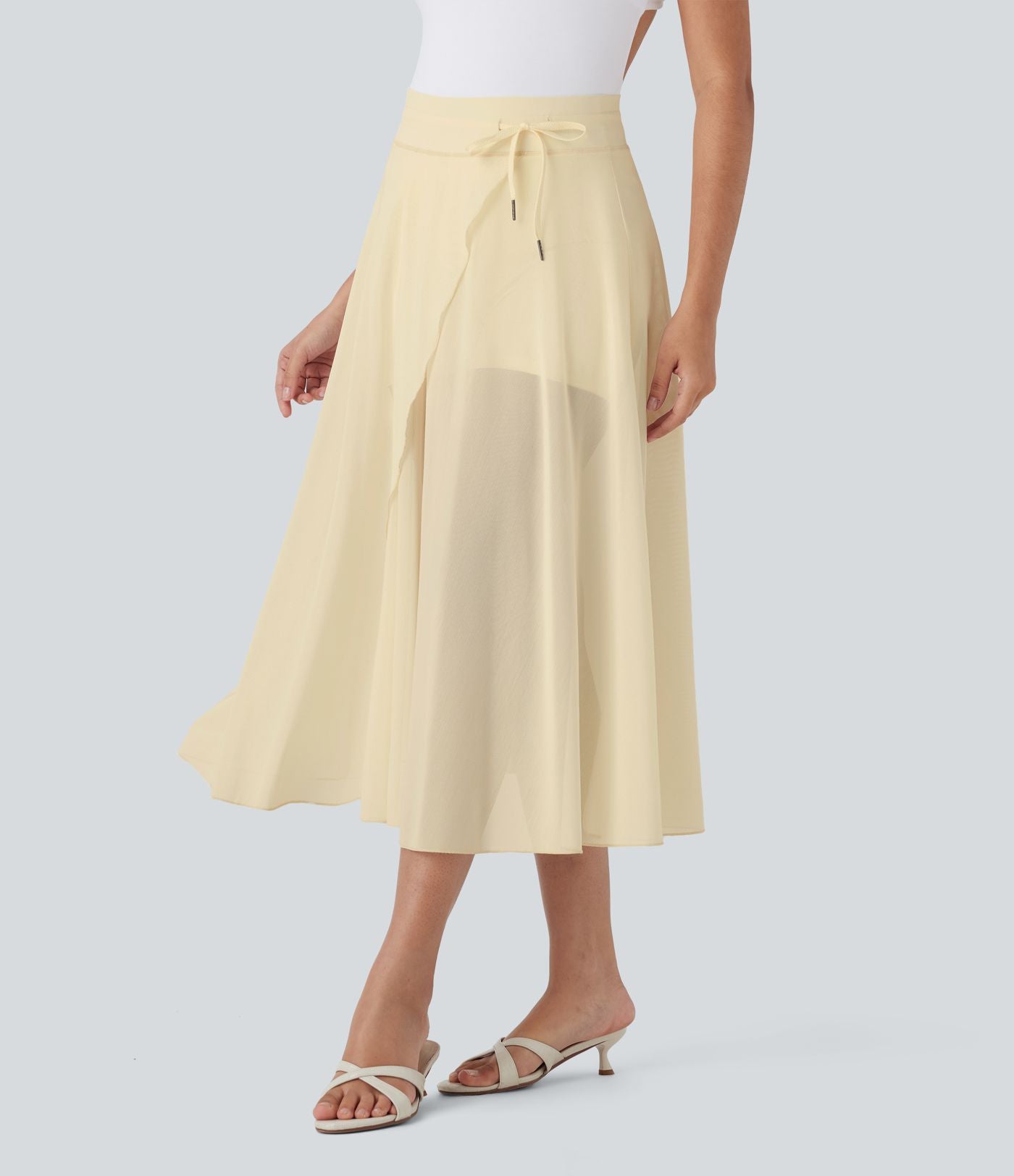 Jupe Casual Évasée Mesh Mi-Longue Fuide 2 en 1 Contrastée Taille Haute Cordon Poche Latérale