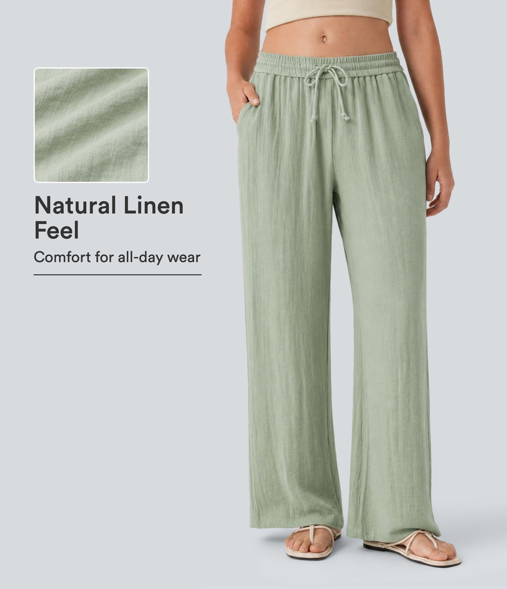 Pantalon baggy large casual effet lin taille basse avec cordon et poches