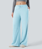 Pantalon jogging décontracté large taille basse à cordon en gaufre à blocs de couleurs avec boutons-pression fendus et poches