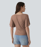 T-shirt décontracté maille côtelée col carré manches papillon froncé