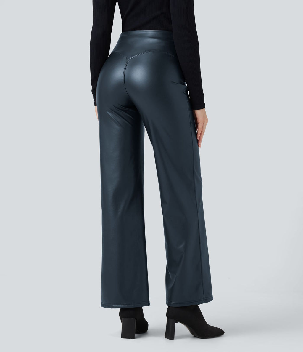 Pantalon similicuir évasé gainant taille haute stretch avec poches